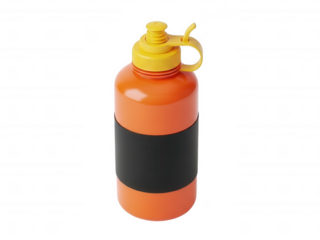 Bright orange sports water bottle with yellow cap and black strap for hydration