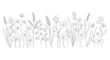 Charming Hand-Drawn Style Vector Illustration of Wildflowers and Grasses in a Meadow