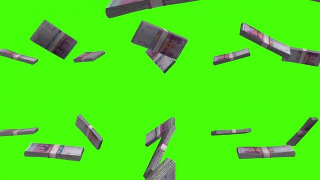 Cape Verdean Escudo banknotes falling on green screen, CVE currency rain