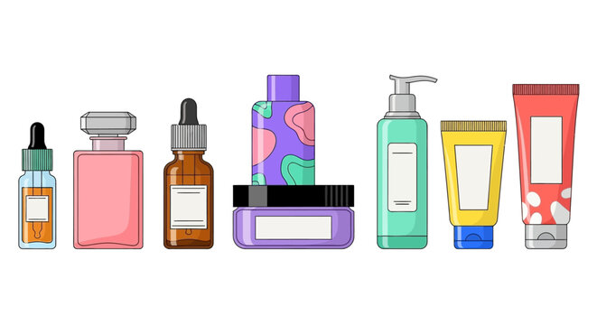 Collection of cosmetic bottles and tubes for skincare and beauty products