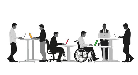 Diverse professionals working with laptops at adjustable standing desks in an