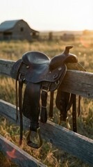 Fototapeta premium Leather saddle rests on a wooden fence during sunset, with a rustic barn and expansive fields in the background, highlighting the connection between equestrian activities and rural landscapes