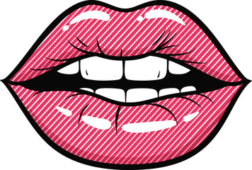 Pop art striped lips biting teeth bold comic style mouth illustration beauty makeup fashion vector sticker design