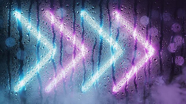 Neon lights form glowing zigzag patterns in a rainy, misty dark alley with water droplets on surfaces