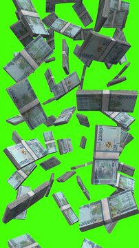 Vertical Guinean Franc bills falling on chromakey, GNF cash rain