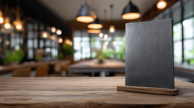 Blank slate menu board on a rustic wooden table in a cozy restaurant with warm lighting. A dark slate menu stand sits on a weathered wooden table, with a blurred background of a restaurant interior.