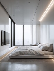 Fototapeta premium Modern minimalist bedroom interior design with large windows and bed