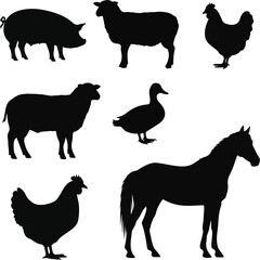 Vector illustration of black animal icons including a pig, sheep, chicken, cow, duck, and horse in abstract silhouette form on a white background. Perfect for graphic resources, icons, and