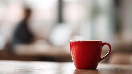 Obraz premium Close up of red mug coffee in cafeteria, blurred man using laptop in background