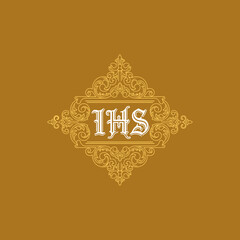 IHS Monogram in Ornate Frame on Gold Background.