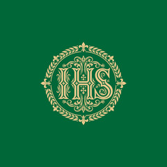 IHS Monogram in Ornate Gold Frame on Green Background.