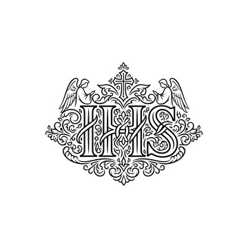 IHS Monogram with Angels and Ornate Filigree Design.