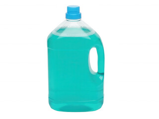 Bright blue mouthwash bottle with white cap on white background