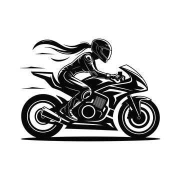 Dynamic illustration of a female motorcycle racer in full gear speeding on a sportbike with motion lines