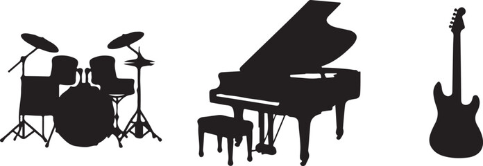 Obraz premium Black silhouette guitar, drum, piano icons.