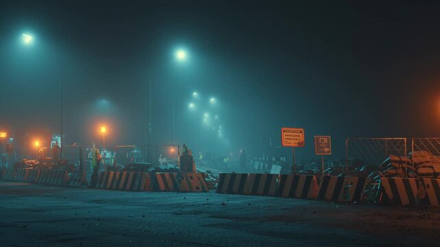 Military checkpoint at night with concrete barriers and sandbags under harsh floodlights. Foggy air and partially visible warning signs create a tense, high-security atmosphere.
