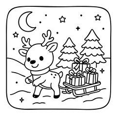 Fototapeta premium A cheerful reindeer pulls a sled filled with gifts under a starry night sky, surrounded by snowy trees and a crescent moon.