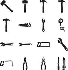 Black silhouette tools collection (hammer, wrench, saw)