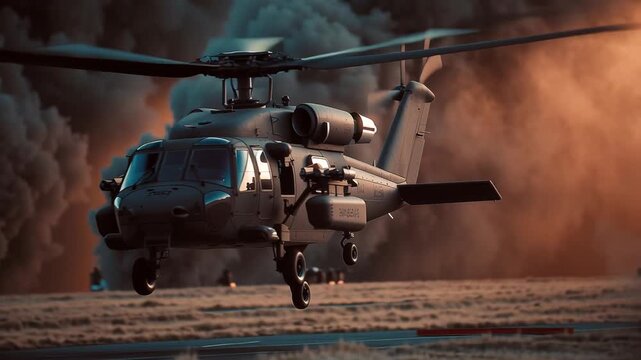 Military helicopter emerging through thick battlefield smoke, rotors blurred in motion. A bright searchlight cuts through haze while the ground remains barely visible below.
