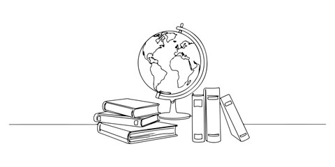 Naklejka premium Continuous one line of a globe and books on a home desk, symbolizing world education in homeschooling, drawn vector illustration.