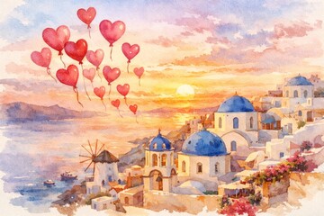 Fototapeta premium Romantic watercolor sunset over Santorini village with blue domes and heart balloons