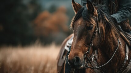 Obraz premium A horse nuzzling its rider in a golden field at sunset.