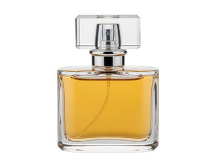 Elegant perfume bottle with golden fragrance on white background