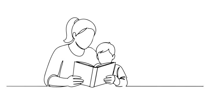 Continuous one line of a parent reading aloud to a child, representing literacy in homeschooling, drawn vector illustration.