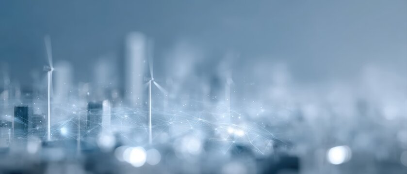 Net zero concept visualization, transparent digital icons floating above smart city powered by renewable energy, ESG strategy and decarbonization future