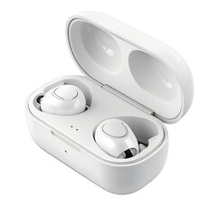 White wireless earbuds in charging case, lid open, clean aesthetic, studio lighting, isolated on white background