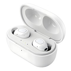White wireless earbuds in charging case, lid open, clean aesthetic, studio lighting, isolated on white background