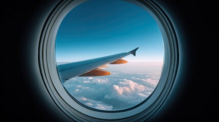 Scenic View from Airplane Window Showing Wing Above Fluffy Clouds at Dusk with Clear Blue Sky and Soft Rays of Sunlight Illuminating the Horizon