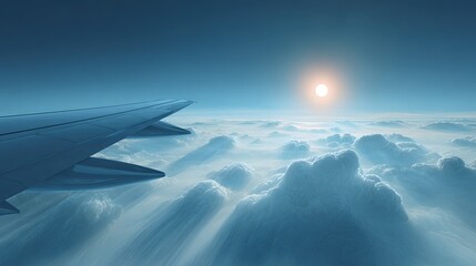 Beautiful Sunset Over Clouds Seen From Airplane Window with Wing in Frame Capturing Serene and Tranquil Atmosphere in the Sky Above