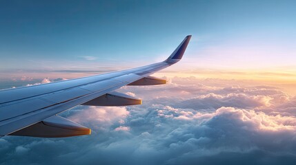 Obraz premium Serene aerial view from an airplane wing against a vibrant sunset sky over fluffy clouds during a tranquil journey in the vast blue atmosphere