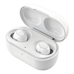 White wireless earbuds in charging case, lid open, clean aesthetic, studio lighting, isolated on white background