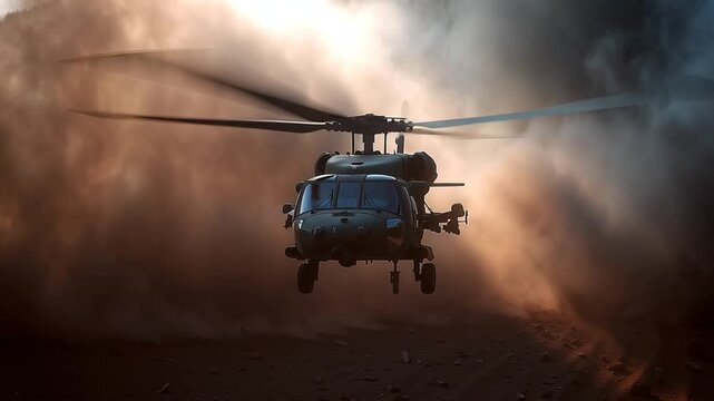 Military helicopter emerging through thick battlefield smoke, rotors blurred in motion. A bright searchlight cuts through haze while the ground remains barely visible below.
