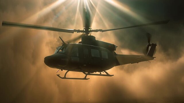 Military helicopter emerging through thick battlefield smoke, rotors blurred in motion. A bright searchlight cuts through haze while the ground remains barely visible below.
