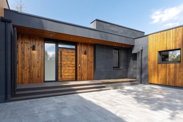 Entrance of modern home with empty sign