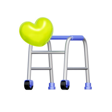 3D icon of a walking frame with heart for elderly care, senior assistance, nursing home service, and physical therapy.