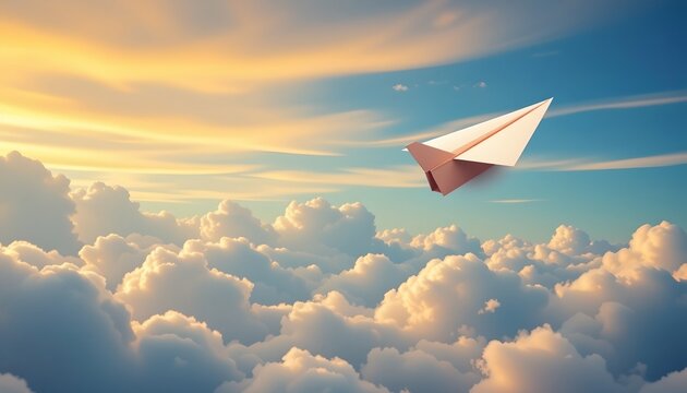 The image features a single paper airplane soaring through a sky filled with fluffy, golden tinted clouds