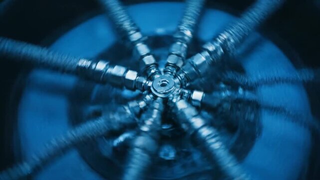 Overhead view of braided fuel lines converging at a central point in a V12 engine
