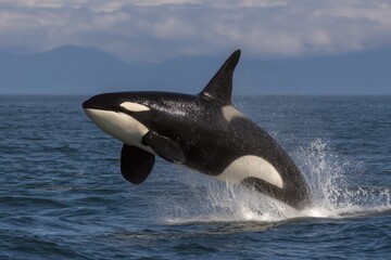Fototapeta premium Orca whale jumping from deep ocean waters