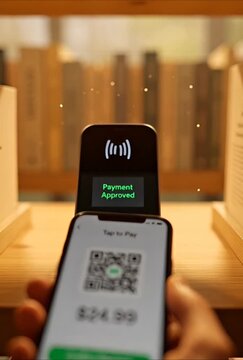 Hand holding smartphone above payment reader for contactless tap to pay transaction, confirming $24.99 purchase with QR code and green 'Payment Approved' screen in a cozy bookstore setting.