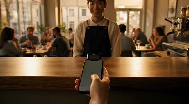 Hand holding phone near NFC payment terminal at a cozy cafe counter, completing a contactless transaction with a smiling barista in the background.