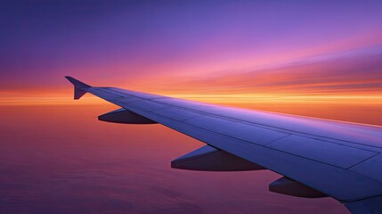Fototapeta premium Vibrant Sunset Illuminates Wing of Airplane in Flight Over Endless Sky, Capturing the Beauty of Travel and Adventure from High Above the Clouds