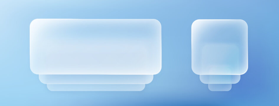 Liquid glass push button, 3d light frame banner set, glass panel for mobile and web app, tech board frame in futuristic style. Light png banner stack with glow effect, vector illustration.