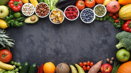 Healthy eating ingredients: fresh vegetables, fruits and superfood. Clean eating and detox. Nutrition, diet, vegan food.