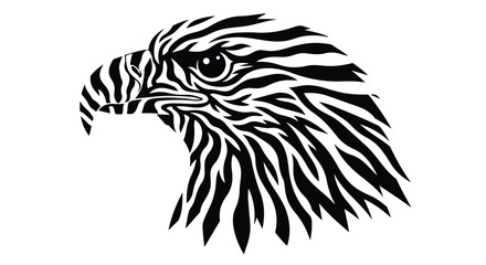 Fototapeta premium Black and white illustration of a zebra-patterned eagle head in profile against a clean white background.