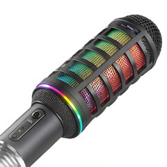 Gaming Microphone with RGB lighting, side view, detailed textured grip, macro shot, isolated on white background