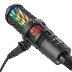 Gaming Microphone with RGB lighting, side view, detailed textured grip, macro shot, isolated on white background